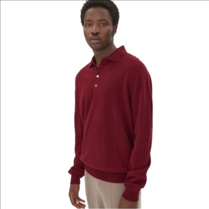 Grant Thomas Two Ply Cashmere Polo Collard Pullover Burgundy Ribbed Hem Sweater